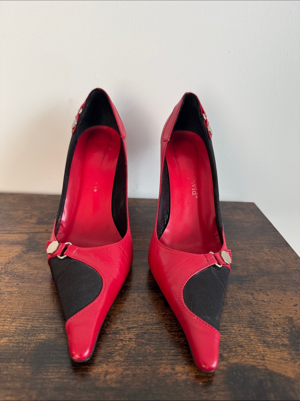 Charles David Red and Black Pointed-Toe Pumps with Buckle Accent